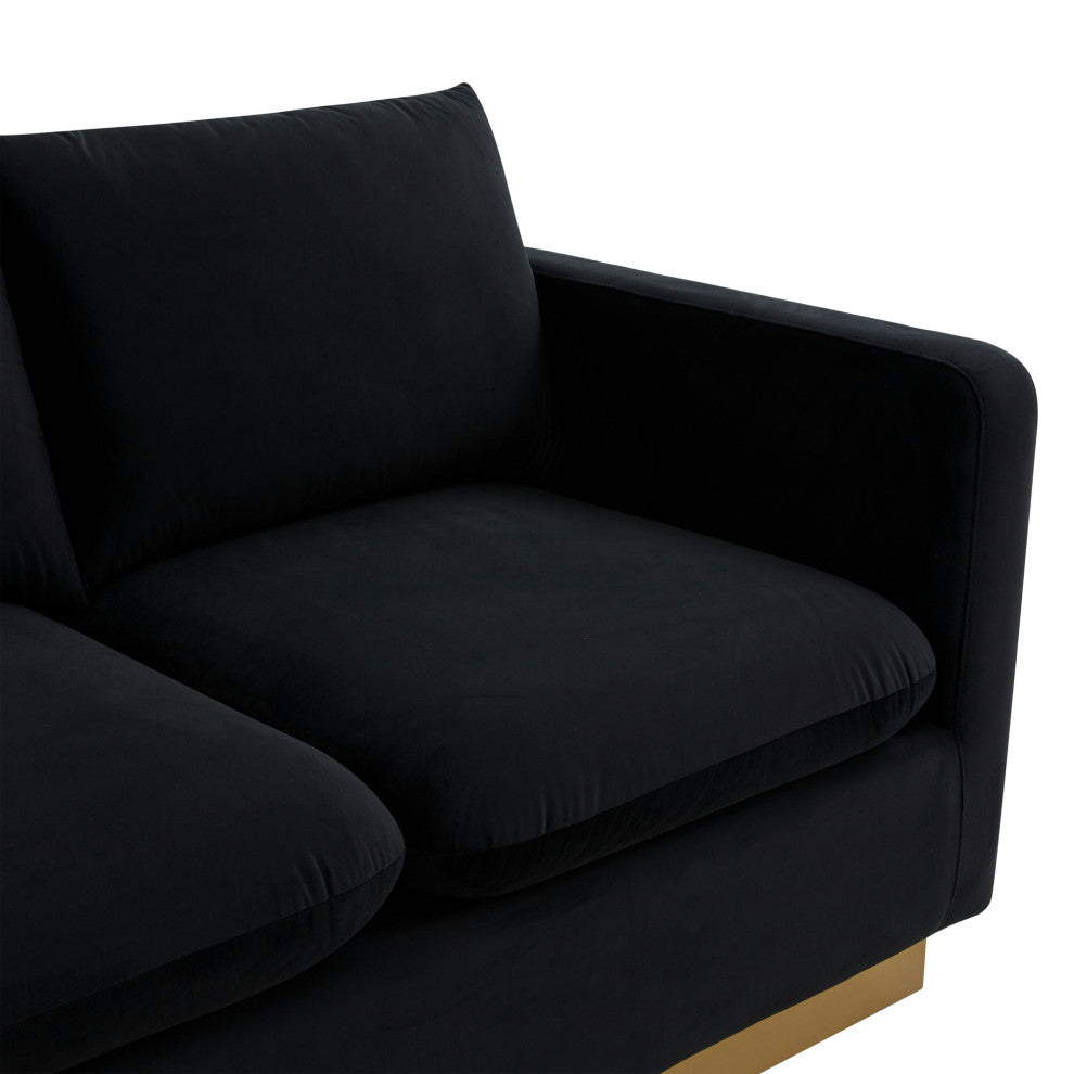 LeisureMod NS83BL Nervo Midnight Black Modern Mid-Century Gold Frame Velvet Sofa