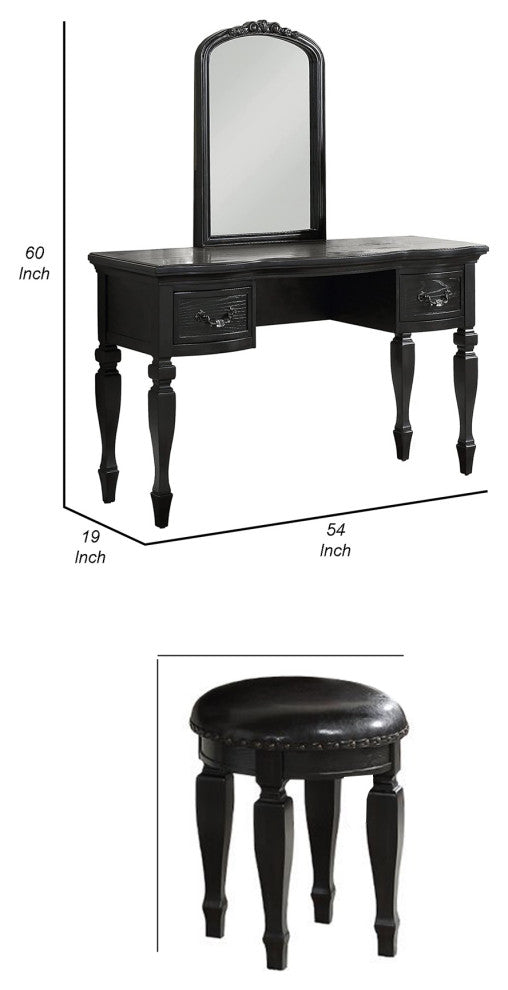 Benzara BM268888 3 Piece Vanity Set With Carved Mirror and Turned Legs, Black