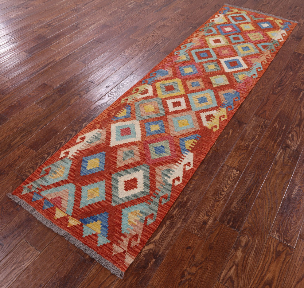 2' 8" X 9' 9" Runner Kilim Flat Weave Reversible Wool On Wool Rug - Q12555