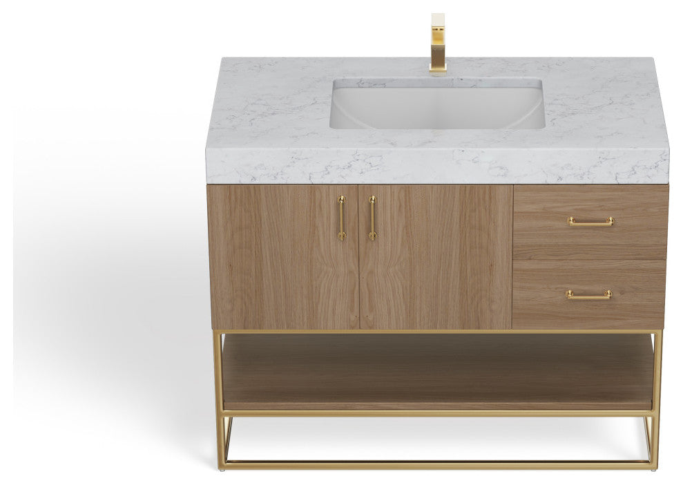 Bahia Bath Vanity, Oak, 42", Brushed Gold Hardware, Single, Freestanding