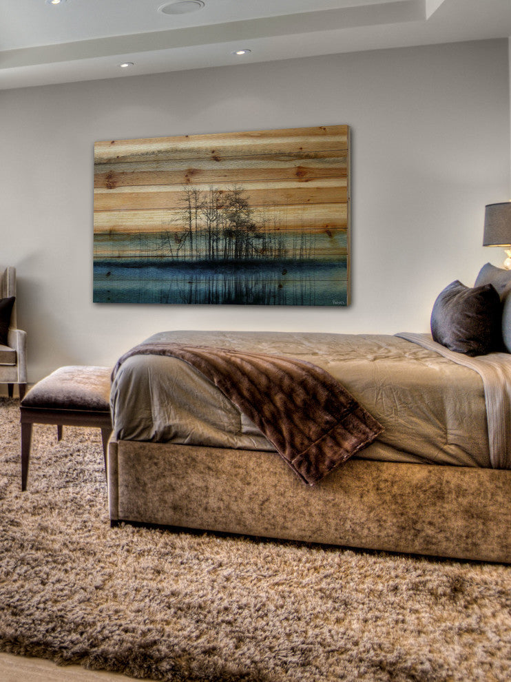 "Tree Isle Reflects" Painting Print on Natural Pine Wood, 60"x40"