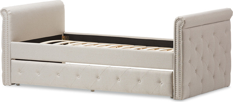 Swamson Beige Fabric Tufted Twin Size Daybed With Roll-out Trundle Guest Bed