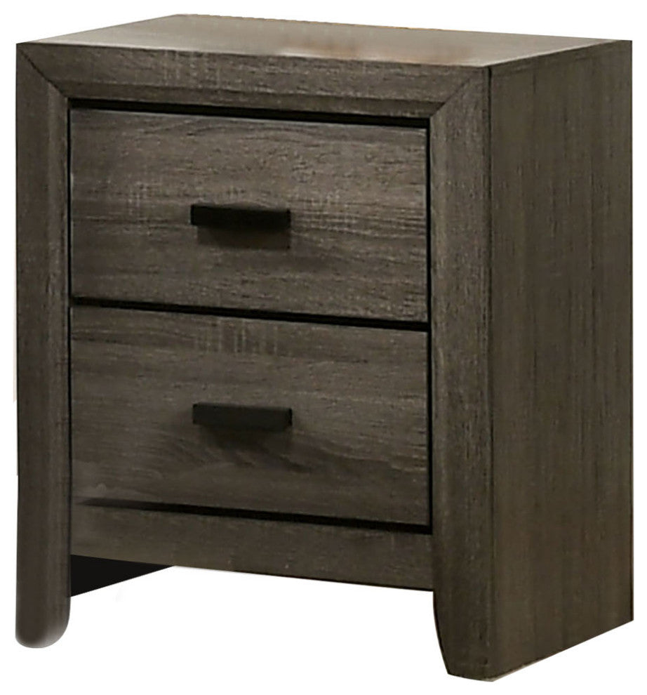 2 Drawers Wooden Nightstand With Black Rectangular Pulls, Gray