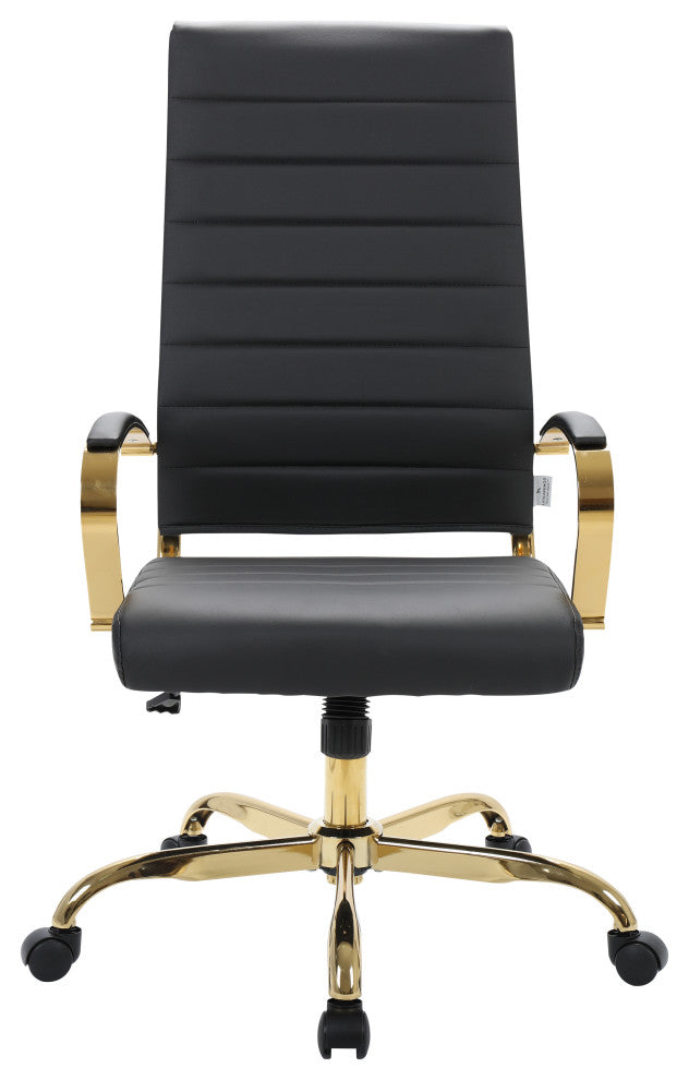 LeisureMod Benmar High-Back Leather Office Chair With Gold Frame Black