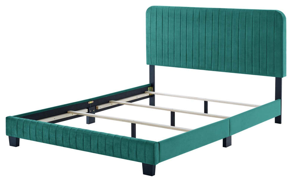 Tufted Platform Bed Frame, Full Size, Velvet, Teal Blue, Modern Contemporary