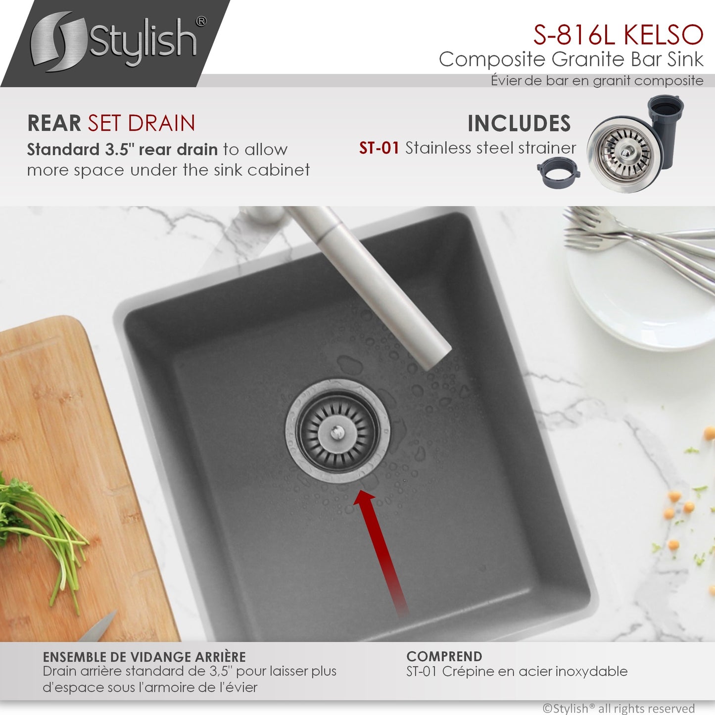 STYLISH 16"Dual Mount Single Bowl Gray Granite Kitchen Sink