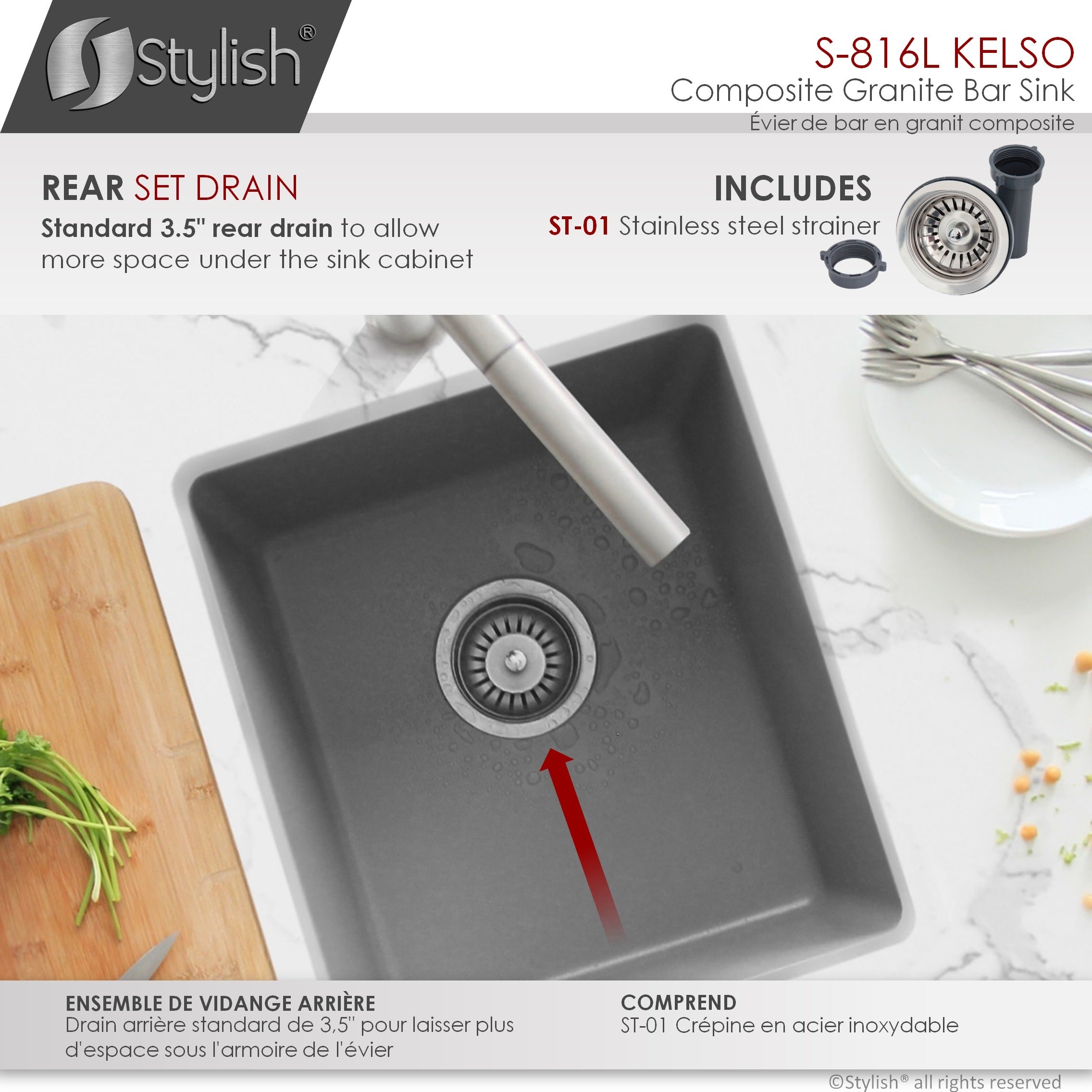 STYLISH 16"Dual Mount Single Bowl Gray Granite Kitchen Sink