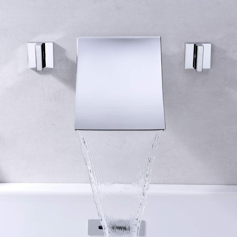 Brushed Nickel Wall Tub Filler with High Flow Waterfall Design and Two Handles, Chrome