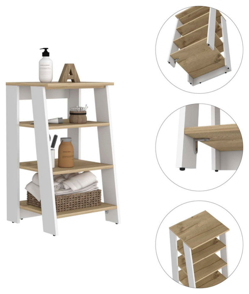 FM FURNITURE Phoenix Linen Cabinet with 3 Open Shelves, Light Oak/ White