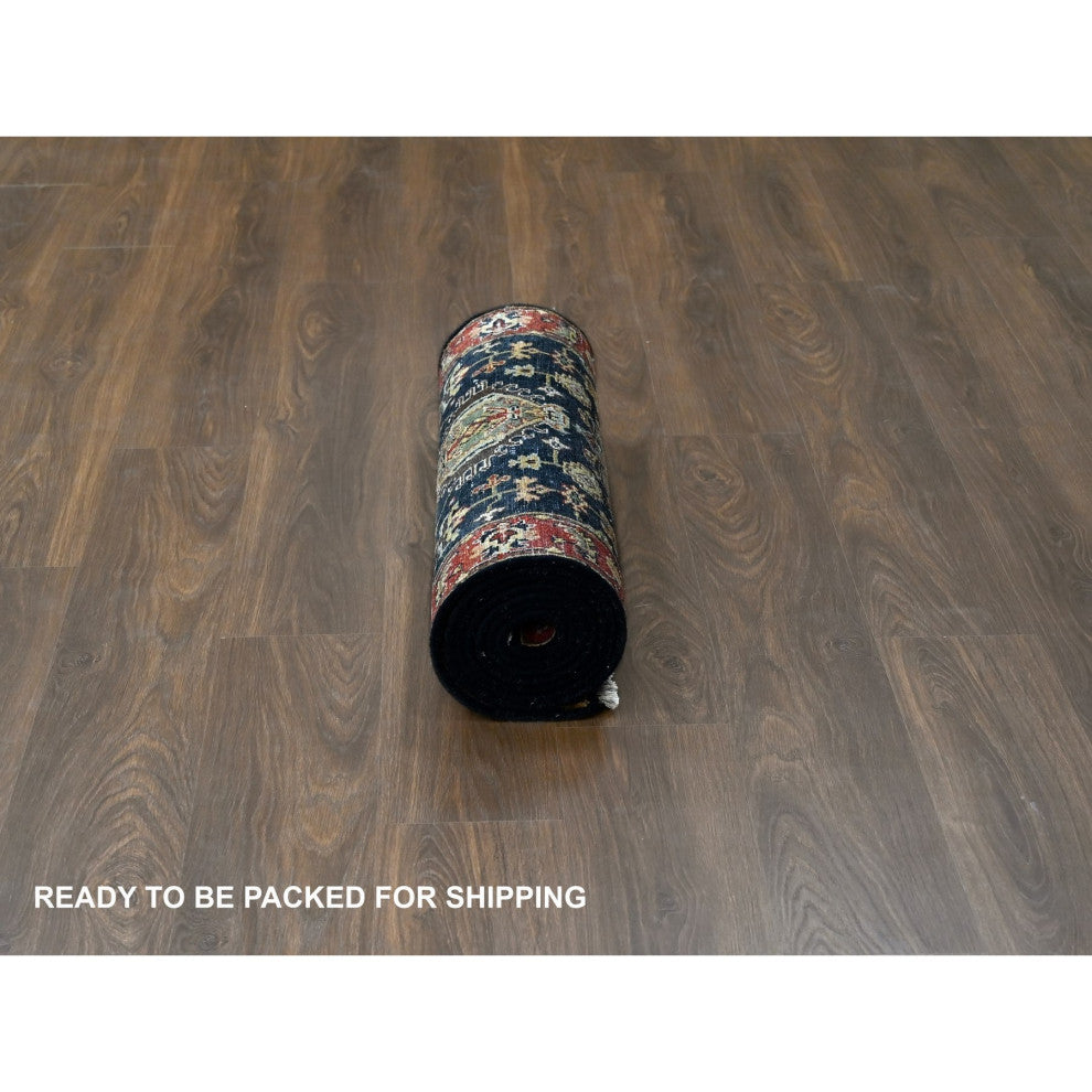 Denim Black, Organic Wool, Hand Knotted, Karajeh Design Runner Rug, 2'7"x10'1"