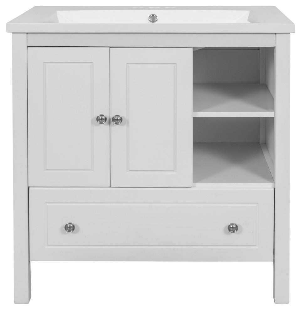 30" W x 18., D. x 32" H Bath Vanity, White Ceramic Top, White