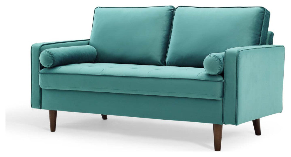 Loveseat Sofa, Velvet, Teal Blue, Modern, Living Lounge Hotel Lobby Hospitality