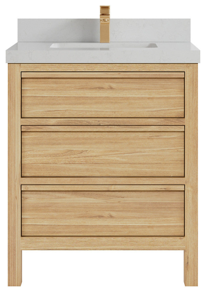 Elizabeth 30 Single Sink Bath Vanity in Light Natural Teak 2" Carrara Quartz