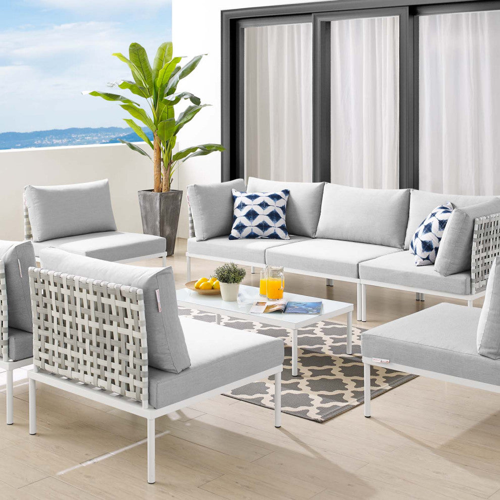 Lounge Sectional Sofa Chair Table Set, Sunbrella, Aluminum, Gray, Outdoor