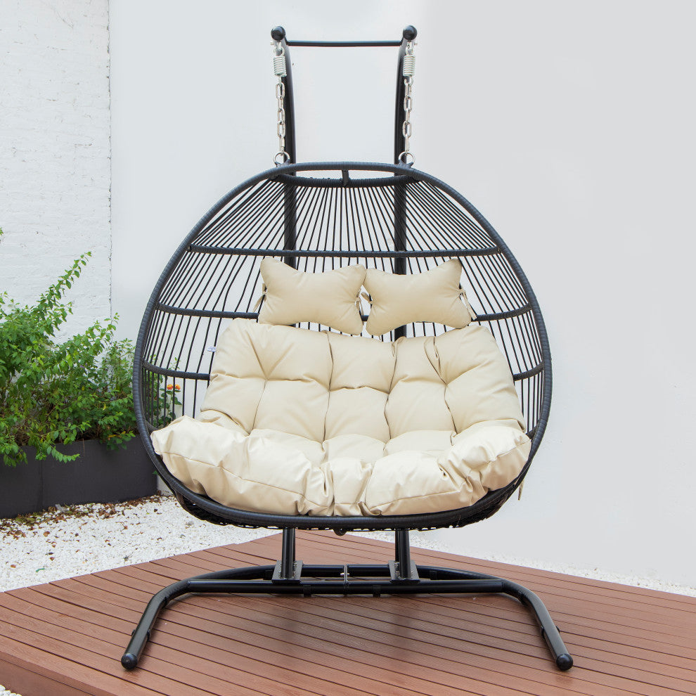 LeisureMod Wicker 2 Person Double Folding Hanging Egg Swing Chair