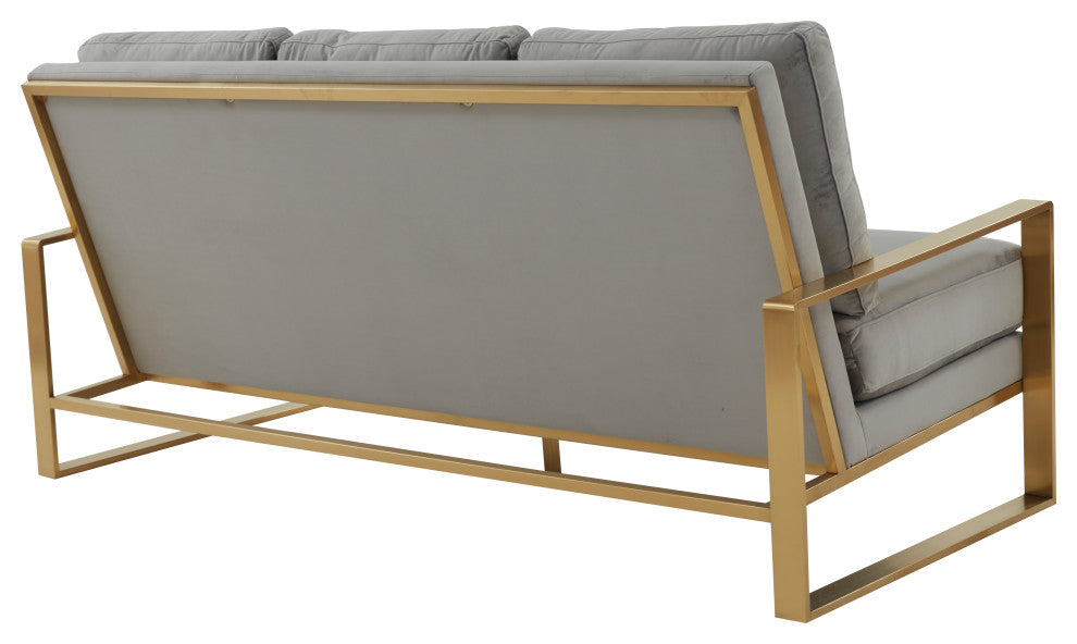 LeisureMod Jefferson Modern Design Velvet Sofa With Gold Frame, Light Gray