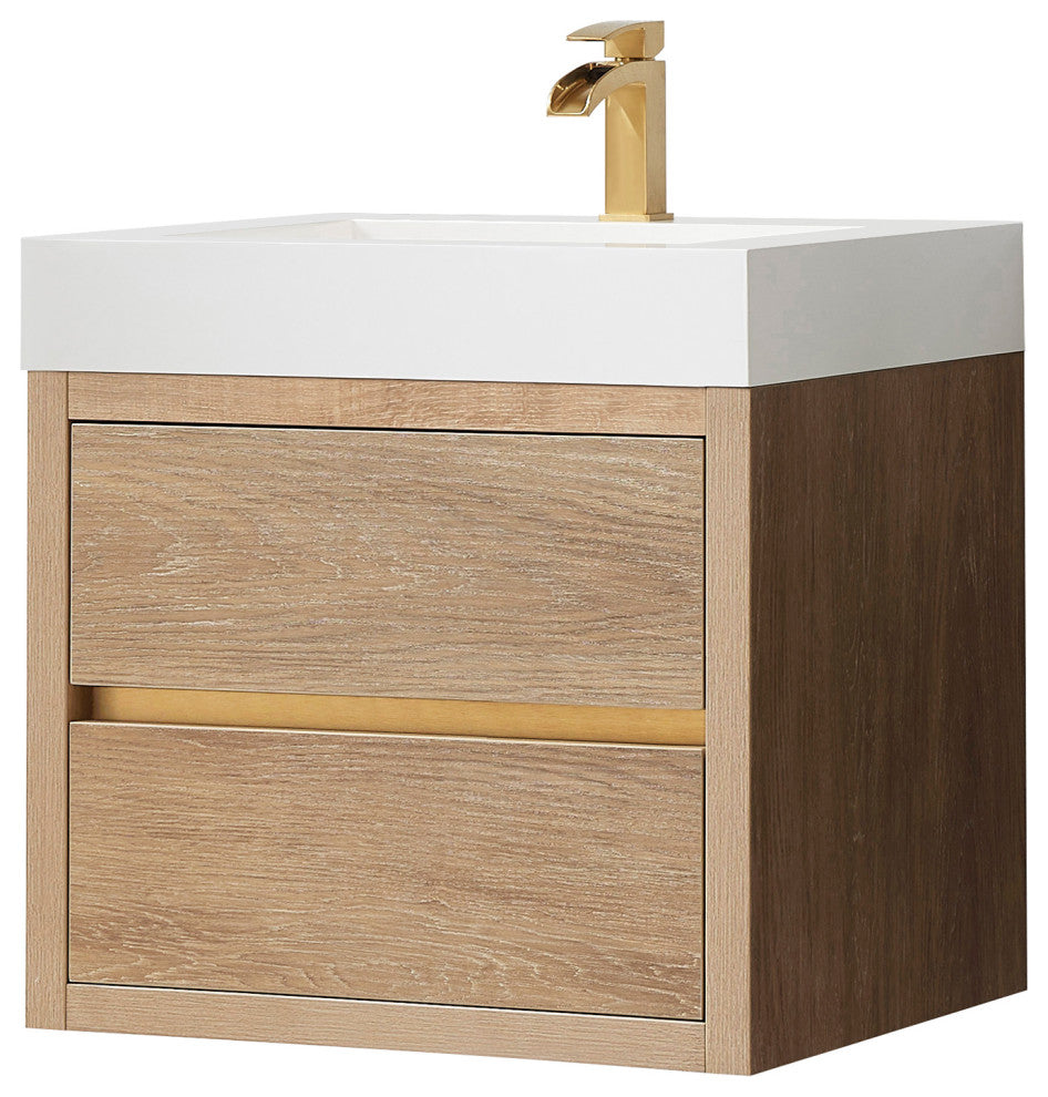 Palencia Floating Bath Vanity With Composite Stone Top, North American Oak, 24", No Mirror