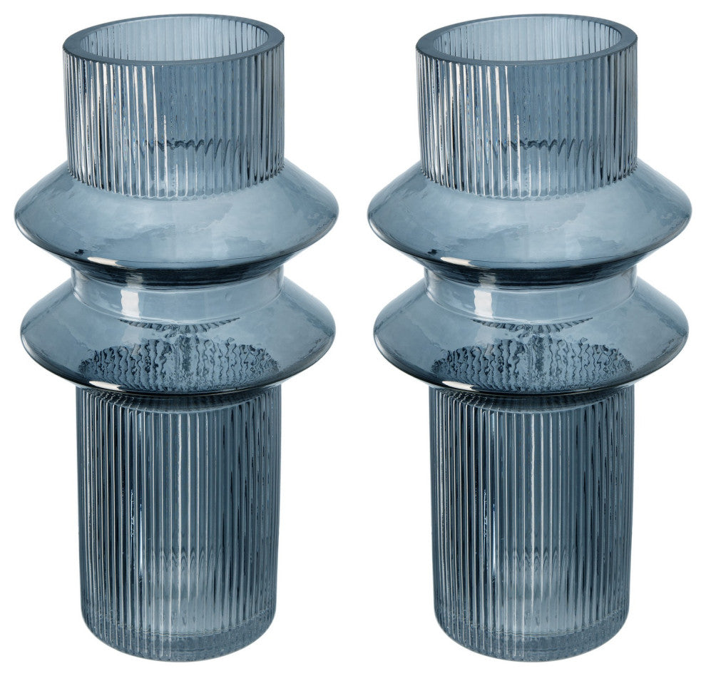 Benzara BM284992 2-Piece Set Glass Vases, Tall Cylinders, Smokey Blue/Clear