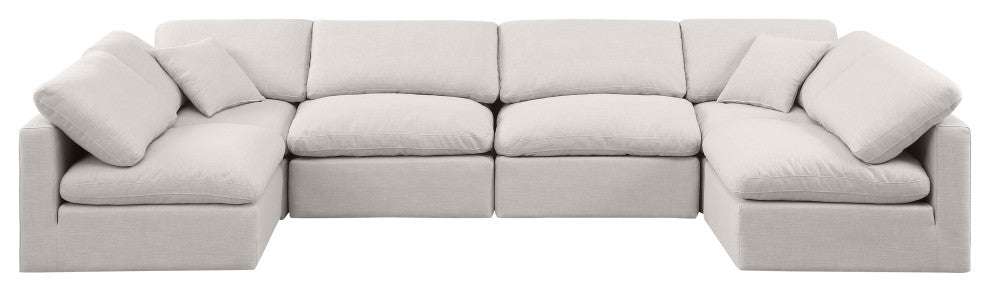 Indulge Upholstered Modular U-Shaped Sectional, Cream, 6-Piece: 4 Armless Chair, 2 Corner Chair, Down Stuffed Linen Textured Fabric