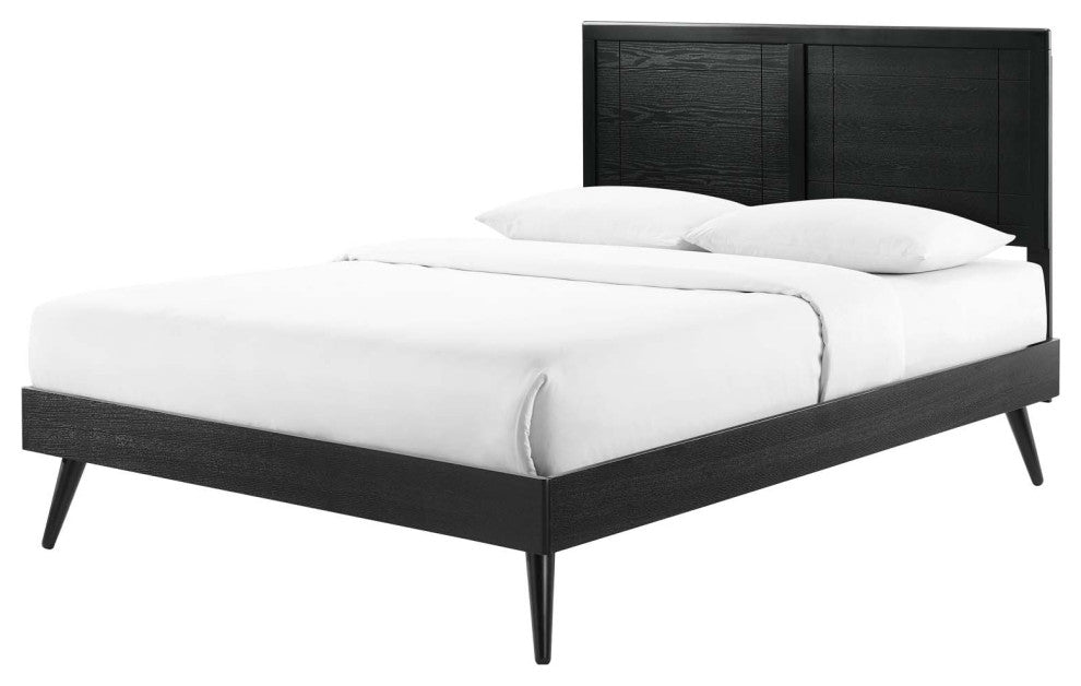 Platform Bed Frame, Queen Size, Wood, Black, Modern Mid-Century, Bedroom Master
