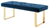 Dolores Velvet Button Tufted Square Leg Bench, Navy With Gold Base