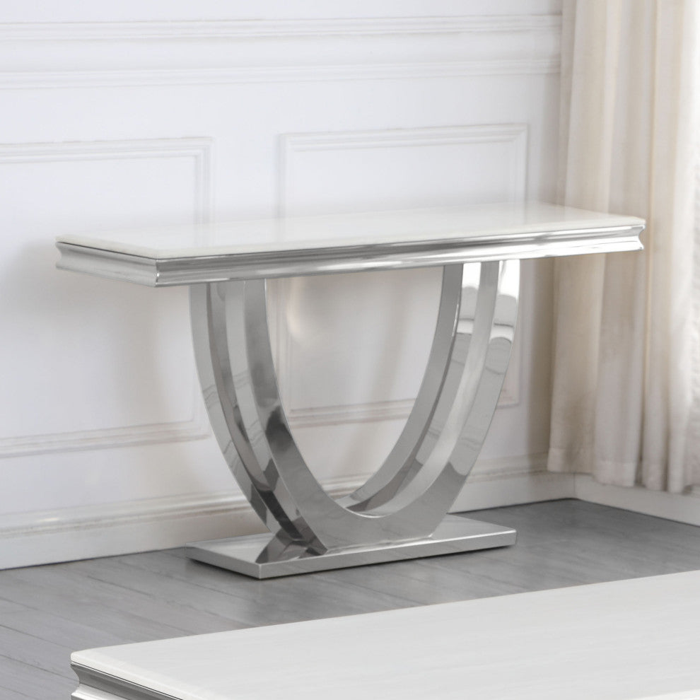 Trinidad White Rectangular Stone Console Table, Silver