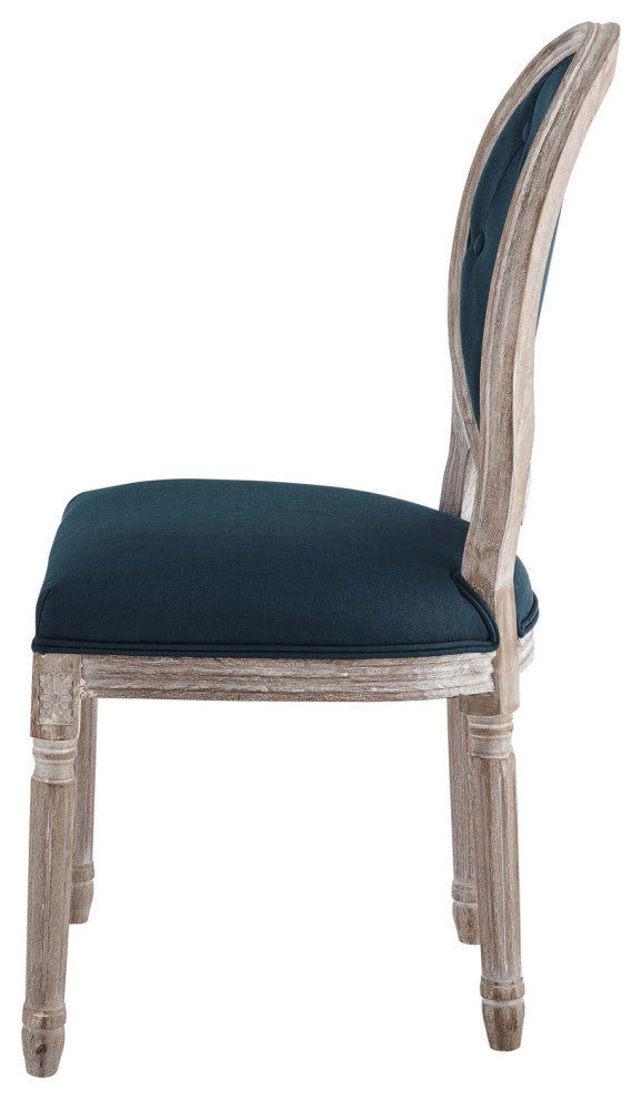 French Vintage Side Dining Chair, Fabric, Wood, Brown Natural Blue, Modern
