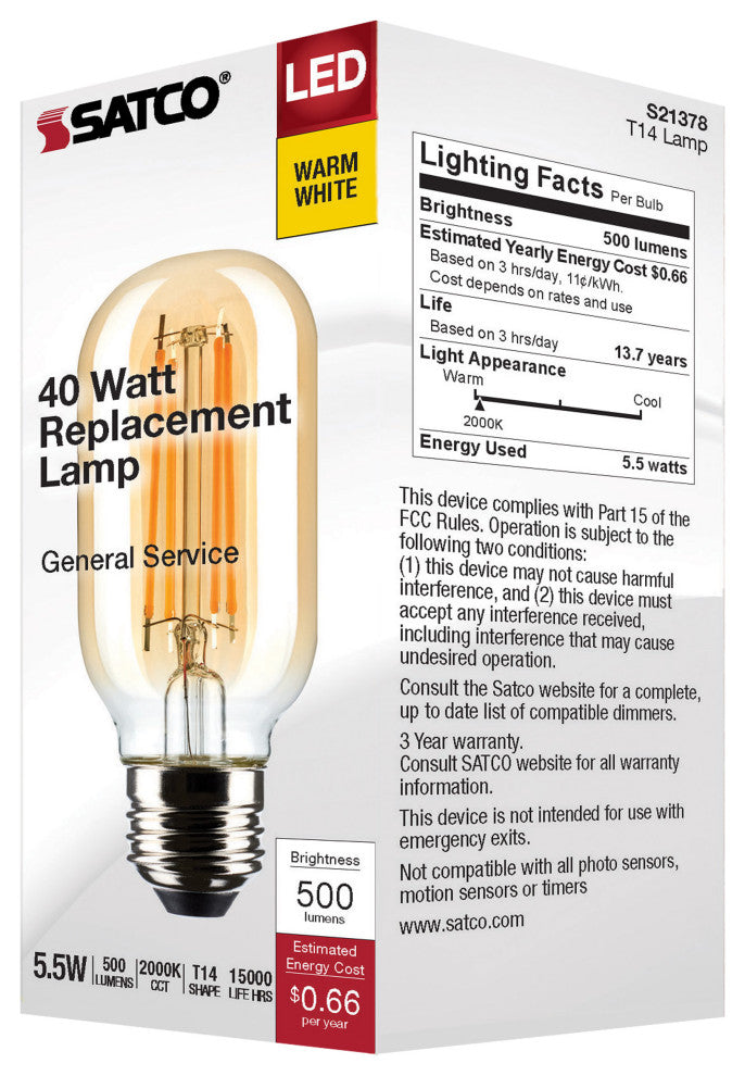 5.5W T14 LED, Clear, Medium Base, 2000K, 500 Lumens, 120V