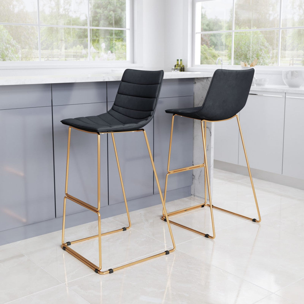 Bar Stool Chair Barstool, Set of 2, Steel Metal, Fabric, Black, Gold, Cafe
