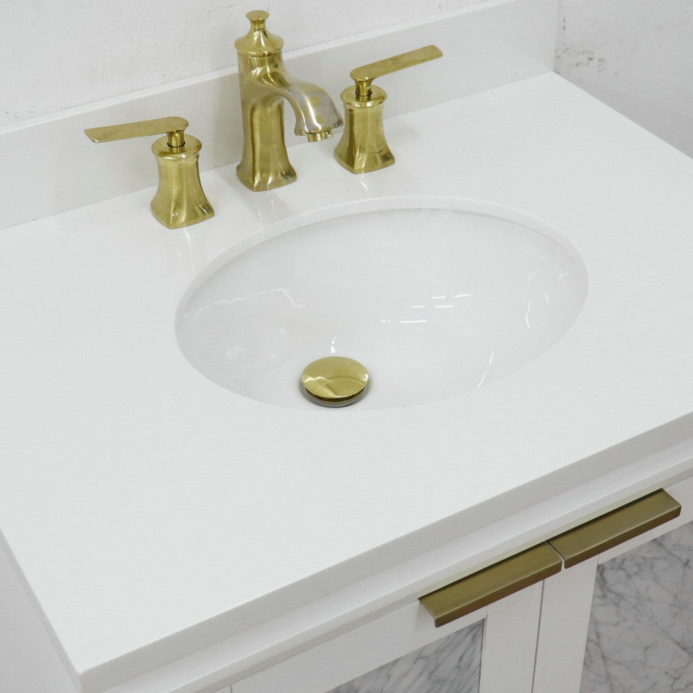 31" Single Sink Vanity, White Finish With Engineered Stone Top With Oval Sink