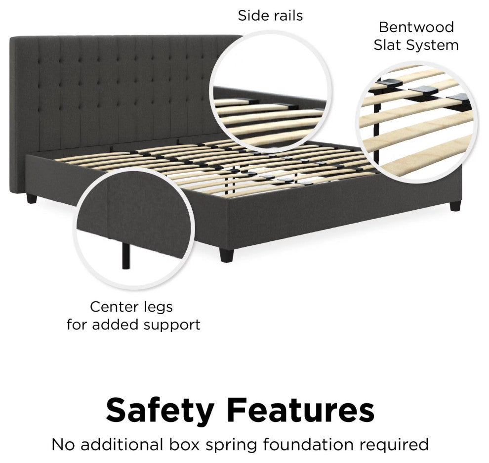 King Platform Bed, Bentwood Slats & Tufted Linen Upholstered Headboard, Gray