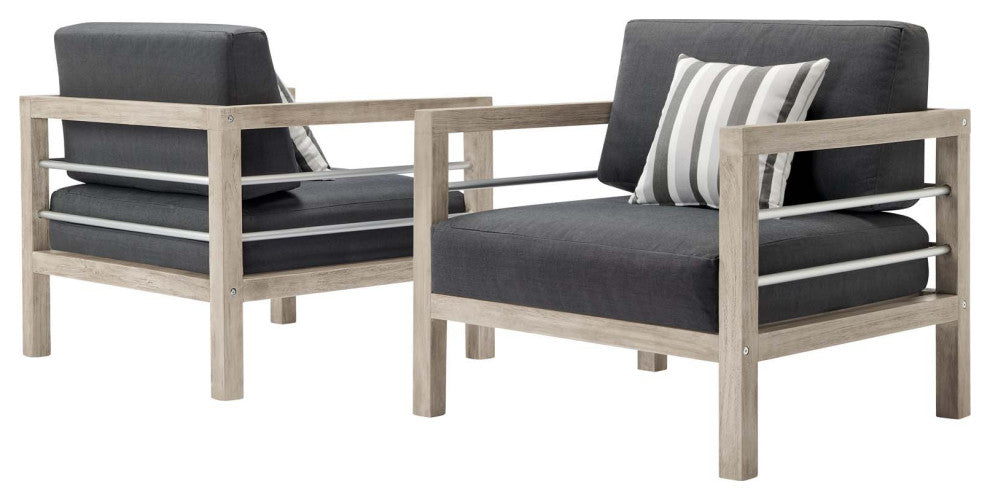 Lounge Chair Armchair, Set of 2, Wood, Gray, Modern, Outdoor Patio Cafe
