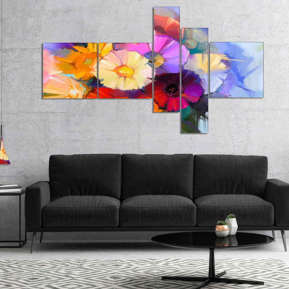 Colored Gerbera Flowers Bouquet, Floral Canvas Print, 60"x32", 5 panels
