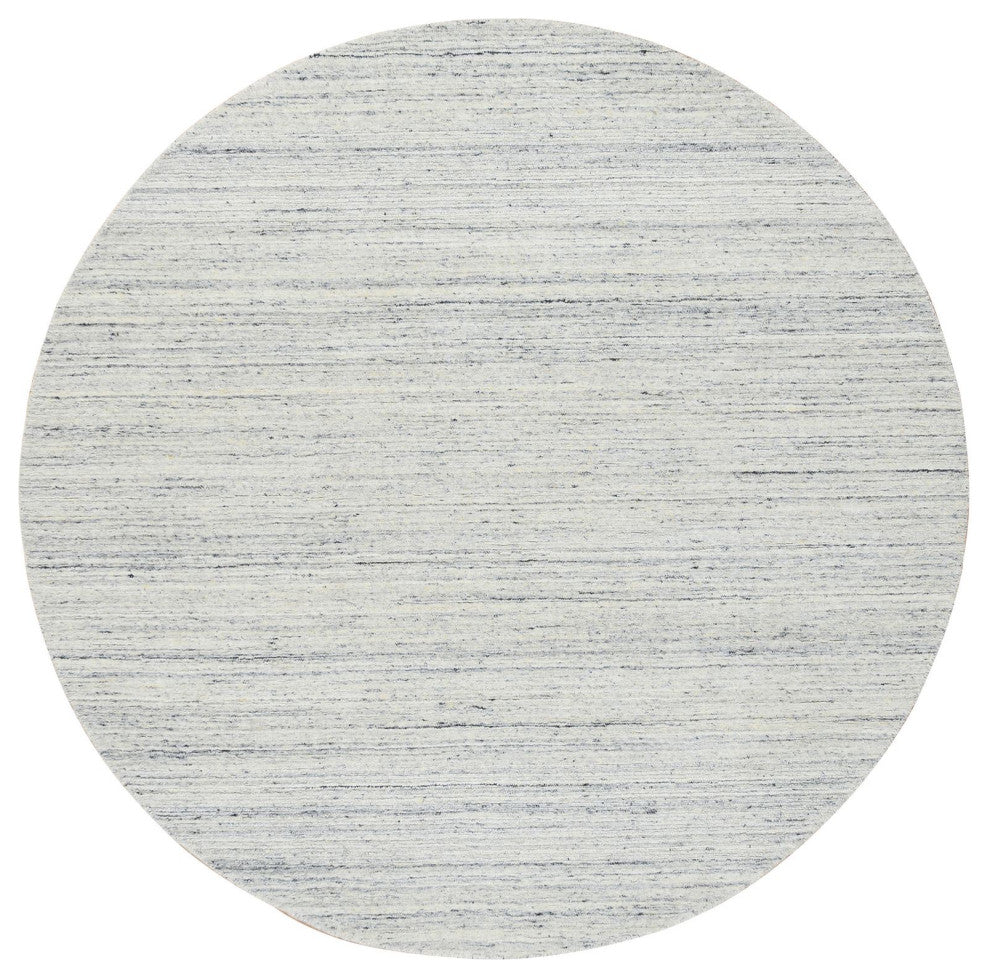 Ivory Plain Modern Striped Design Soft Wool Hand Loomed Round Rug, 6'0"x6'0"