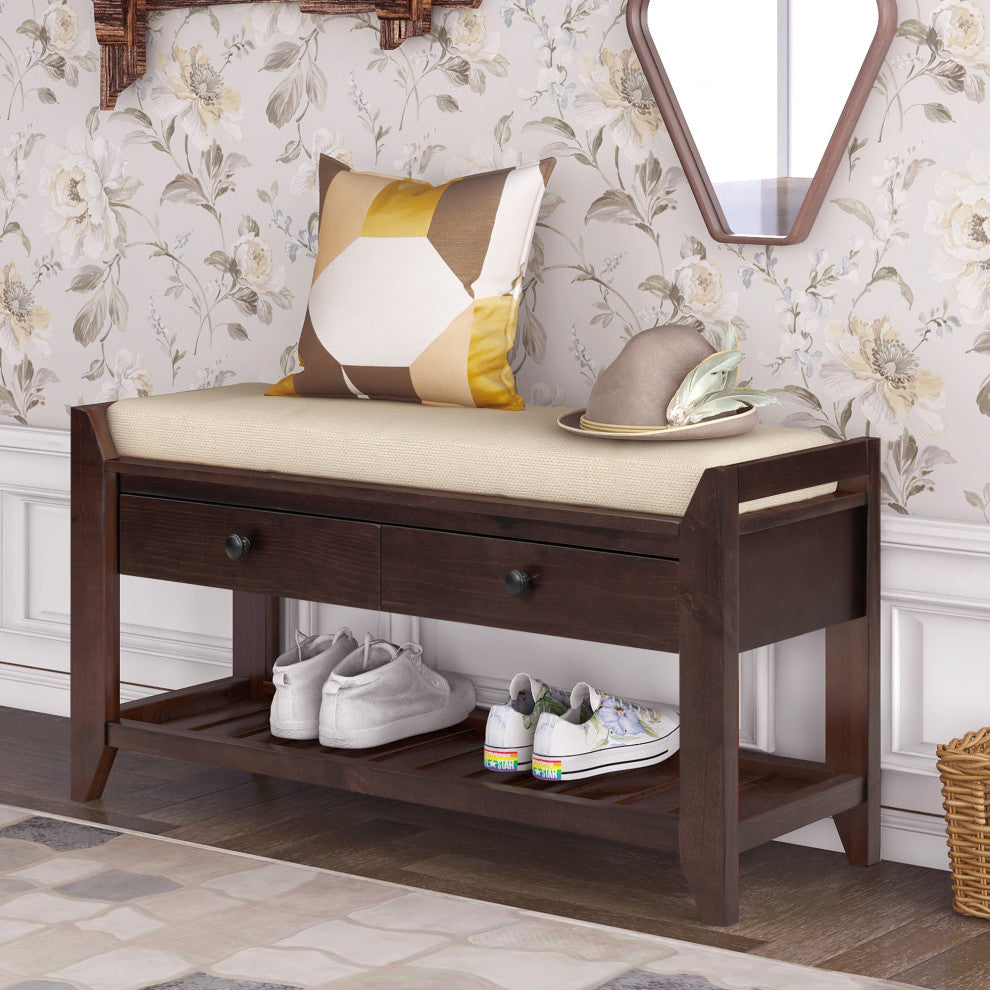 TATEUS 39" Entryway Storage Bench With Shoe Rack and Cushioned Seat, Espresso