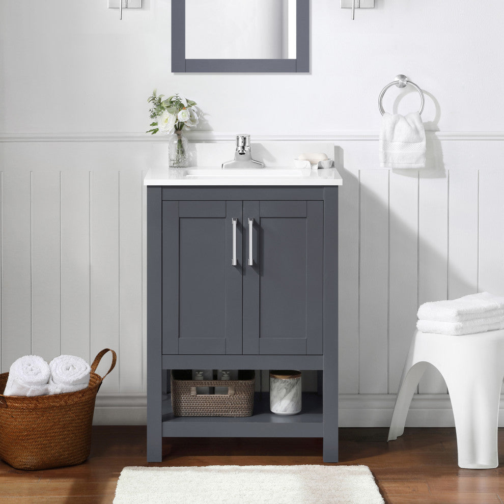 Ove Decors Vegas Single Sink Bathroom Vanity Set With Countertop, White, Dark Charcoal, 24"