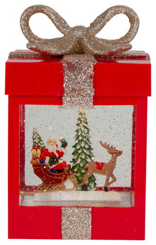 7" Lighted Red Gift Box Christmas Snow Globe With Santa and Reindeer