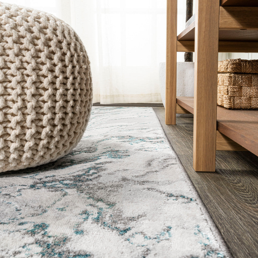 Swirl Marbled Abstract Area Rug, Gray/Turquoise, 2'x8'