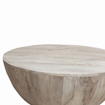 Distressed Mango Wood Coffee Table, Round Shape, Washed Light Brown