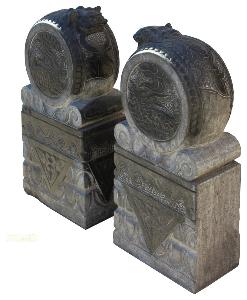 Chinese Pair Gray Black Stone Fengshui Foo Dogs Door Block Drum Statue Hcs4769