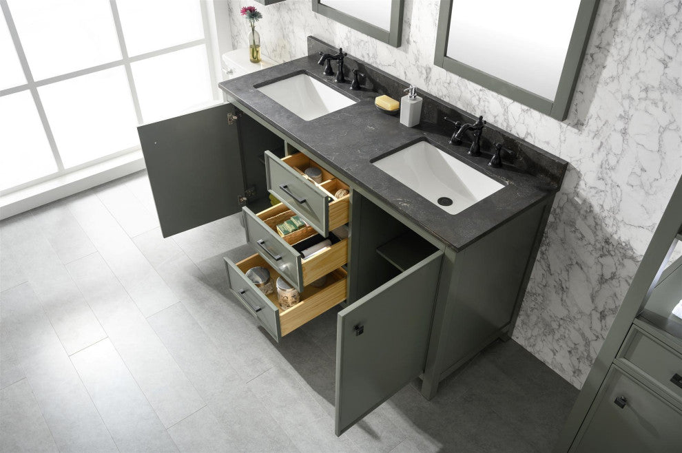 60" Double Sink Vanity Cabinet, Carrara White Top, Pewter Green