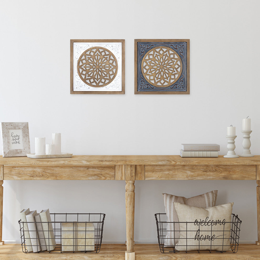 Blue Ethnic Wood and Metal Square Wall Plaque