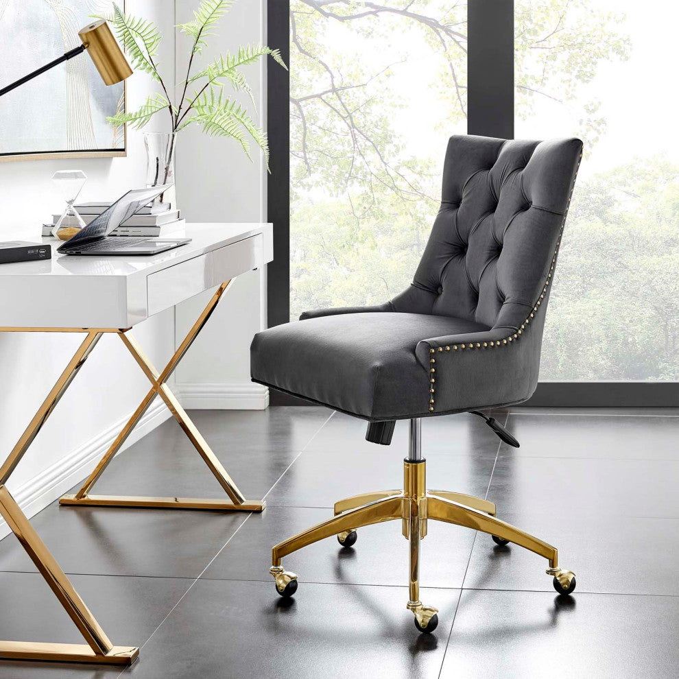 Computer Work Desk Tufted Chair, Velvet, Gold Gray, Home Business Office