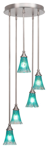 Empire 5-Light Cluster Pendalier, Brushed Nickel/Fluted Teal Crystal