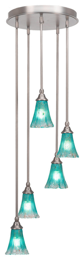 Empire 5-Light Cluster Pendalier, Brushed Nickel/Fluted Teal Crystal