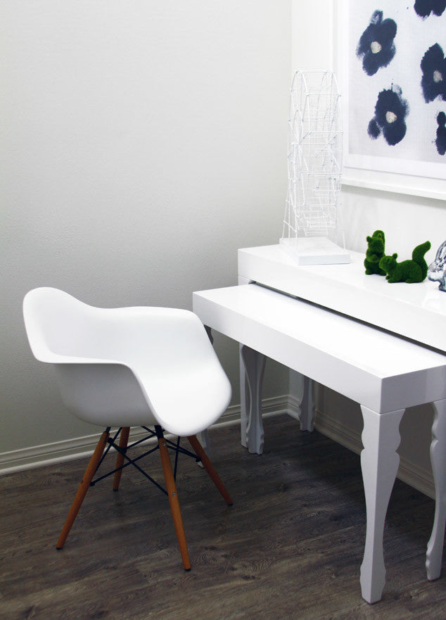 DAW White Mid Century Modern Plastic Dining Armchair, Wood Eiffel Legs