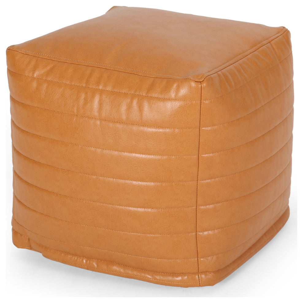 Conrail Contemporary Faux Leather Channel Stitch Pouf, Caramel, Cube