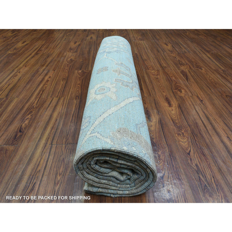 Light Blue Soft and Shiny Wool Hand Knotted Afghan Angora Oushak Rug, 9'2"x12'