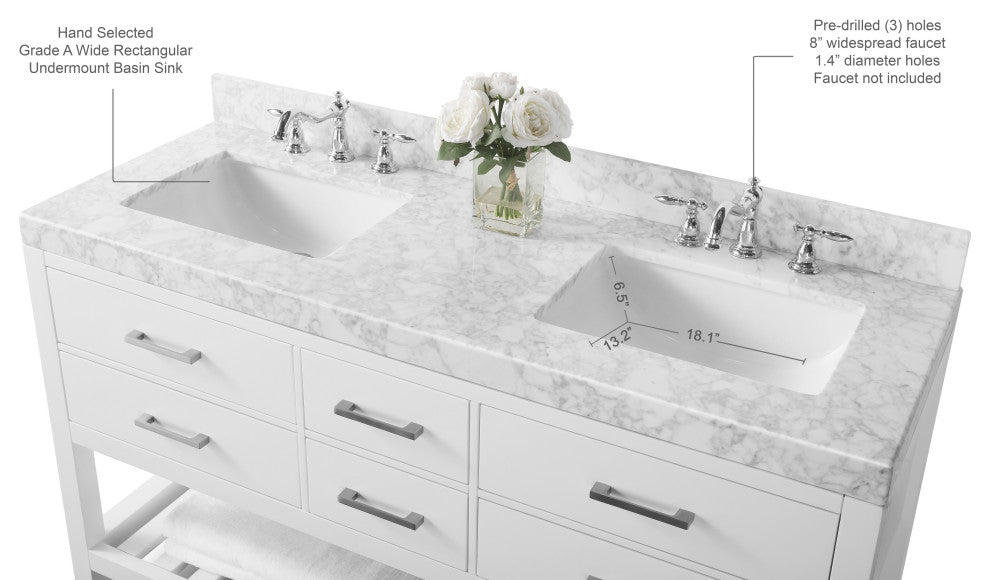 Arcadia Bath Vanity, White, 60", Brushed Nickel Hardware, Double, Freestanding