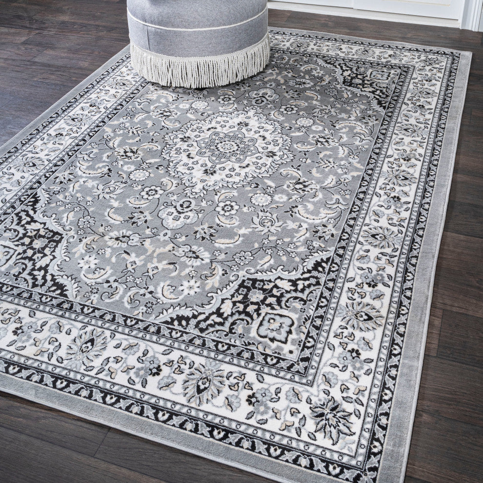 Palmette Modern Persian Floral Area Rug, Gray and Ivory, 8x10